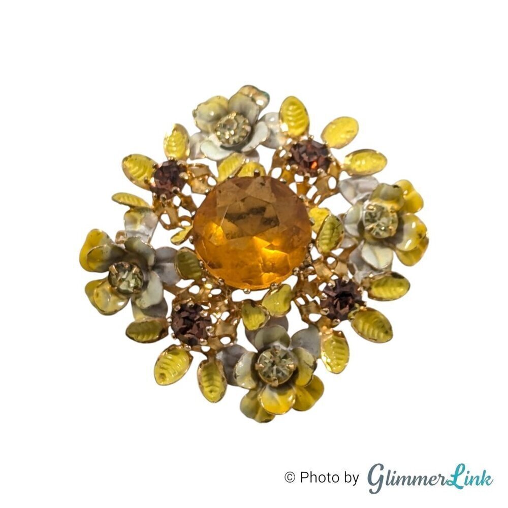 Vintage Austria Floral Yellow Enamel Orange Topaz Glass Crystal Gold Tone Brooch
